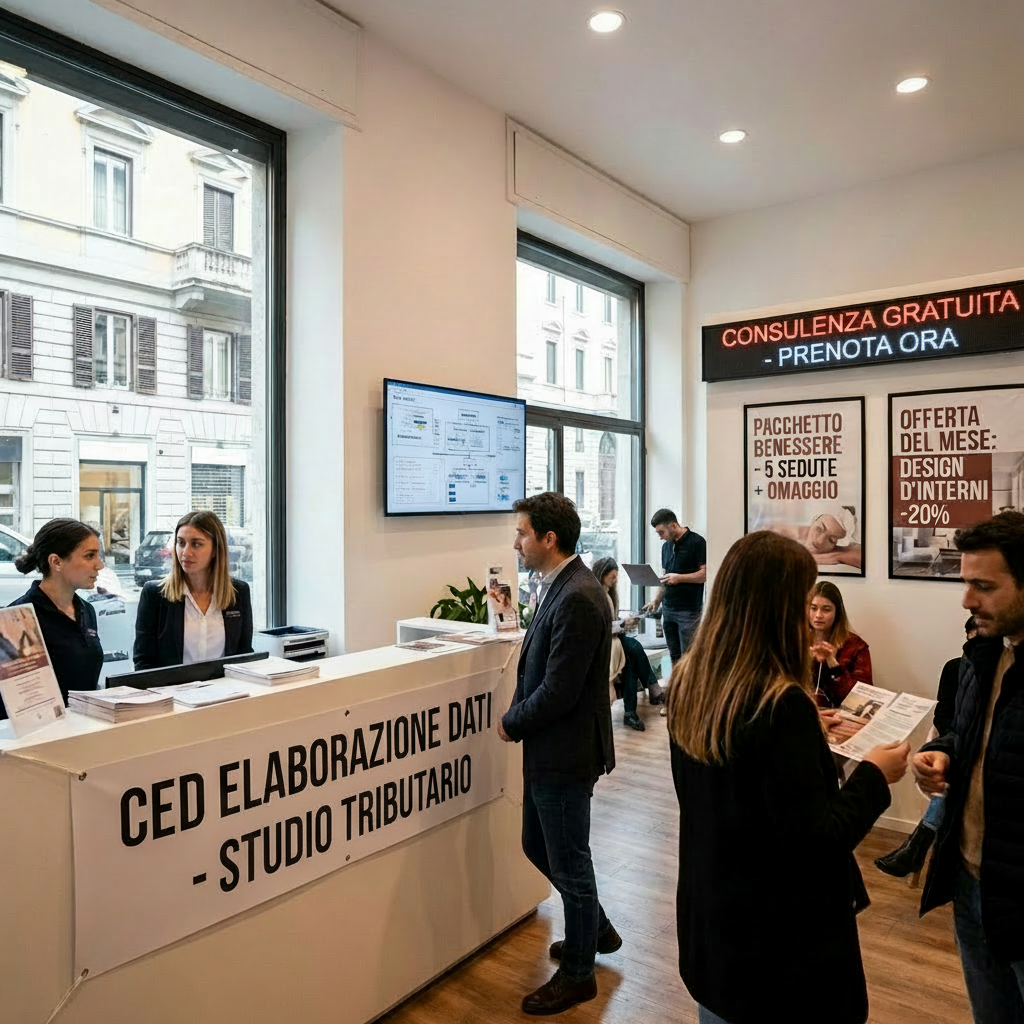 Reception desk with banner: PROMOZIONI D'AUTUNNO: SCONTI FINO AL 30% PER NUOVI CLIENTI.